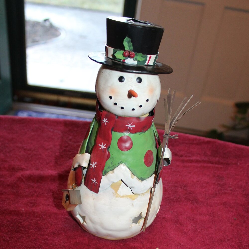 Vintage Metal Rustic Snowman Candle Holder